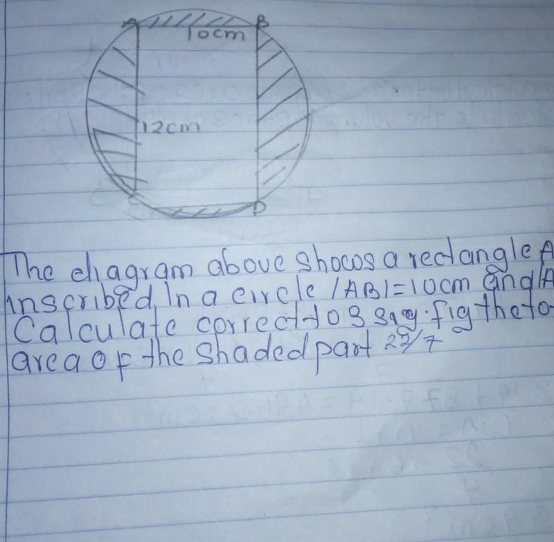 The diagram above shows a rectangle inscribed in a circle AB=10 and AC =12 caculate-example-1