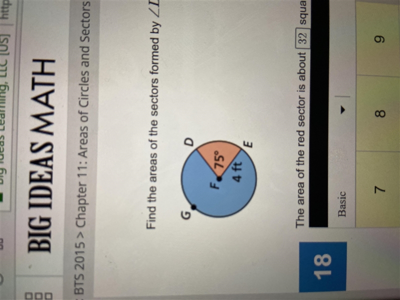 Find the areas of the sectors formed by < DFE. Round to the nearest hundredth-example-1