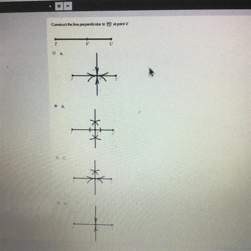 Construct the line perpendicular to segment TU at point V-example-1