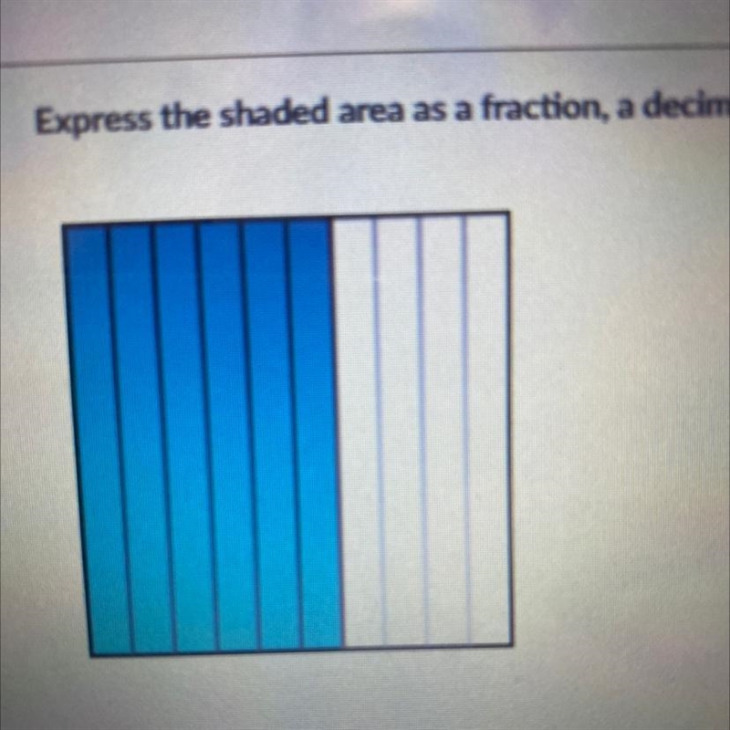 The square below represents one whole. Express the shaded area as a fraction, a decimal-example-1