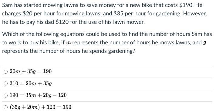 Sam has started mowing lawns to save money for a new bike that costs $190. He charges-example-1