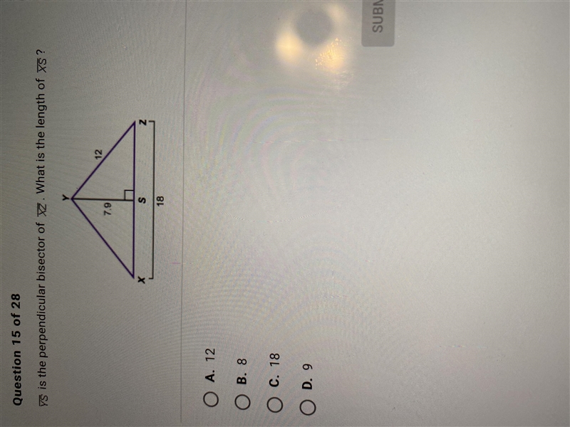 VS is the perpendicular bisector of XZ. What is the length of XS?-example-1