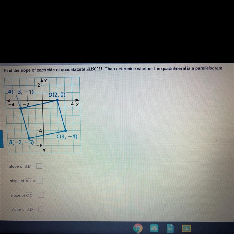 Find the slope of each side of quadrilateral ABCD. Then determine whether the quadrilateral-example-1