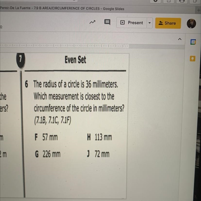 6 The radius of a circle is 36 millimeters. Which measurement is closest to the circumference-example-1