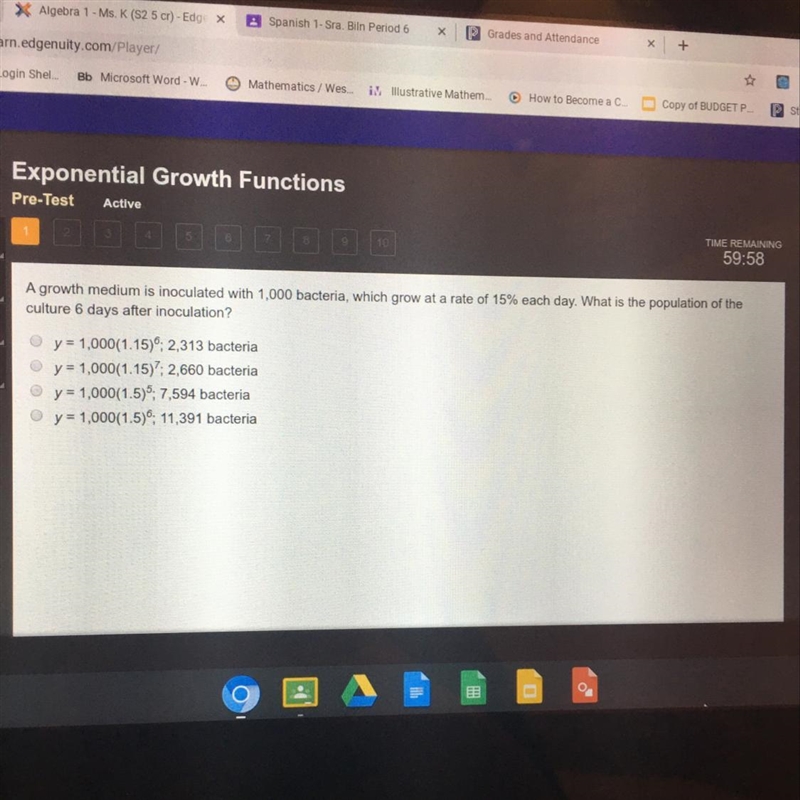 a growth medium is inoculated with 1,000 bacteria, which will grow at a rate of 15% each-example-1