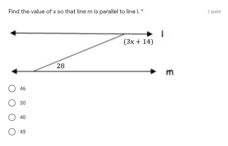 Find the value of x so that line m is parallel to line l.-example-1