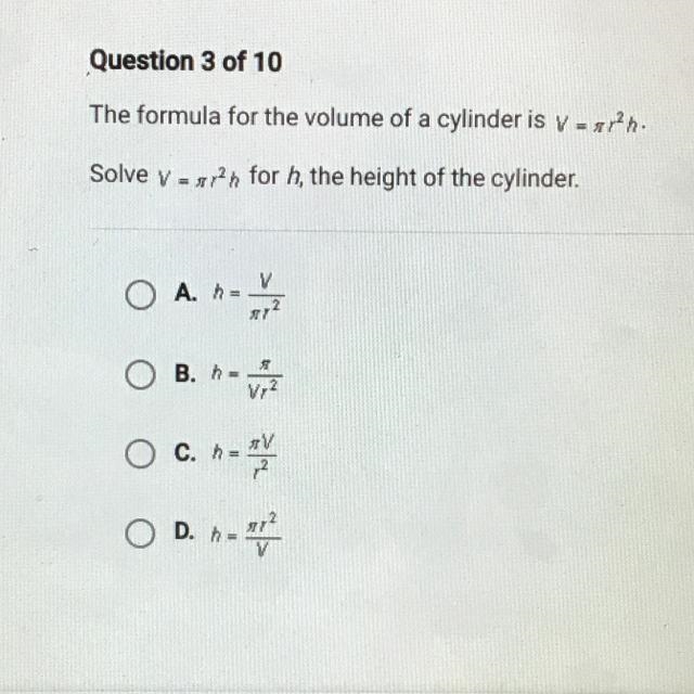 The formula for the volume of a cylinder is V = arh. Solve v = 12h for h, the height-example-1