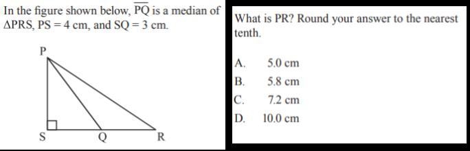 In the figure shown below, PQ is a median of PRS, PS = 4cm, and SQ = 3 cm. What is-example-1