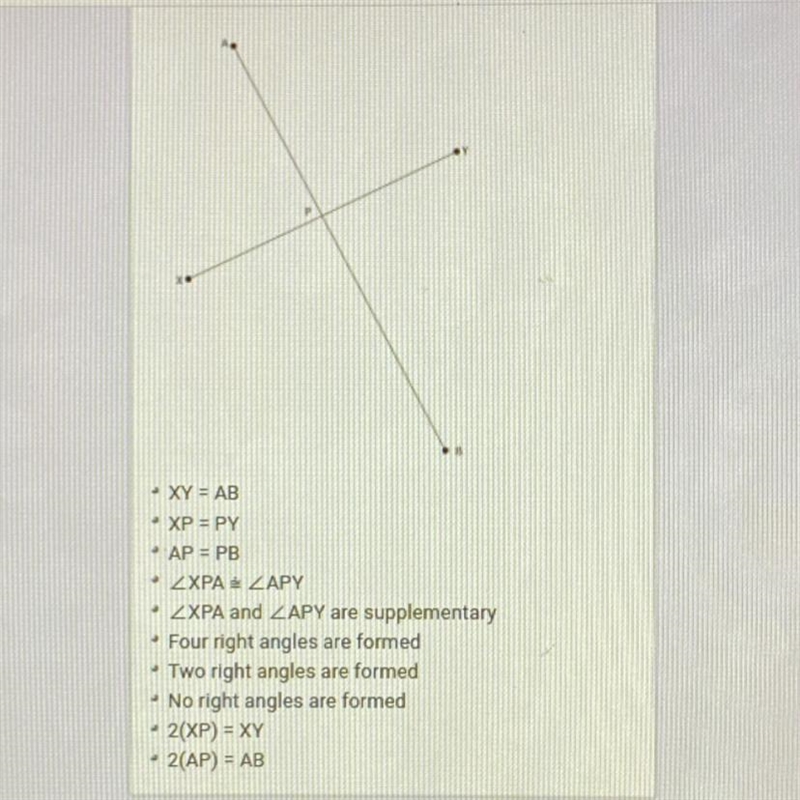 If line segment AB is the perpendicular bisector of line segment XY at point P, check-example-1