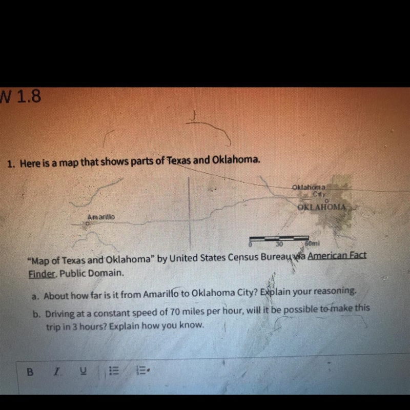 1. Here is a map that shows parts of Texas and a. About how far is it from Amarillo-example-1