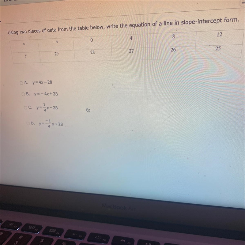 1 = Using two pieces of data from the table below, write the equation of a line in-example-1