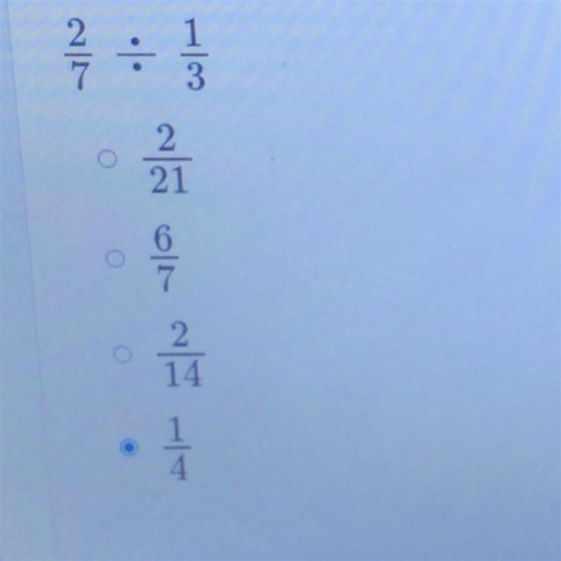 Divide 2/7÷1/3 ￼what is the answer I need help please help me-example-1