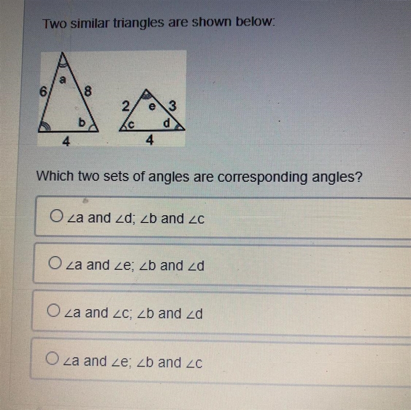 Two similar triangles are shown below Which two sets of angles are corresponding angles-example-1