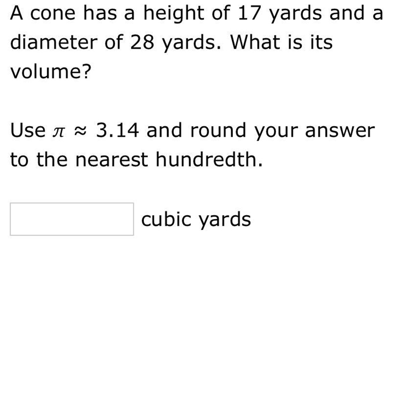 A cone has a height of 17 years and a diameter of 28 yards. What is it’s volume?-example-1