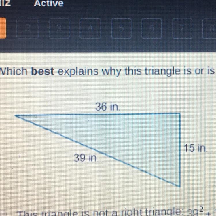 Which best explains why this triangle is or is not a right triangle?-example-1