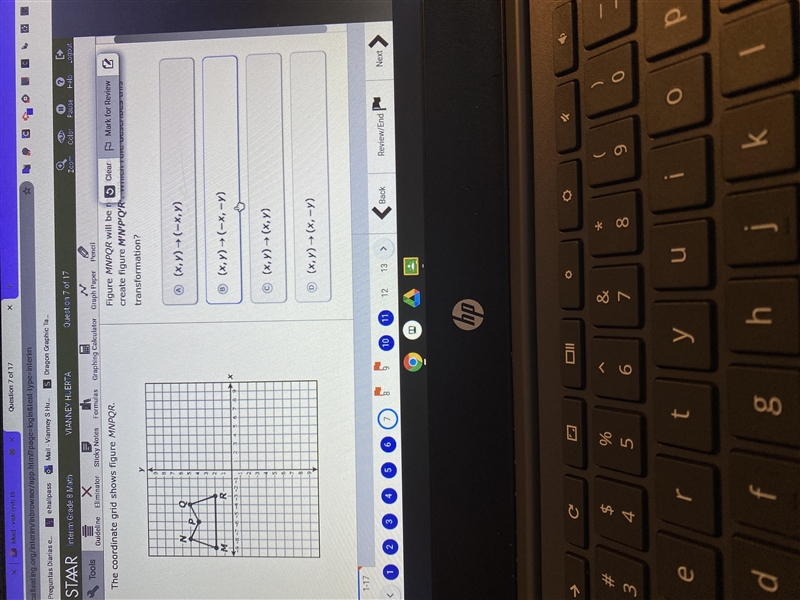 Figure MNPQR will be reflected across the x-axis to create figure M'N'P'Q'R'. Which-example-1