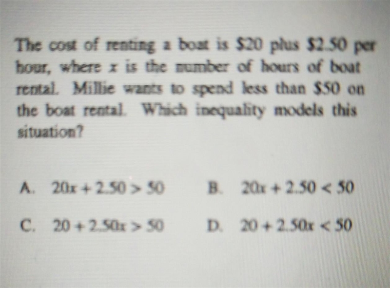 The cost of renting a boat is $20 plus $2.50 per hour, where x is the number of hours-example-1