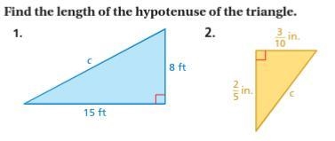 Find the length of the hypotenuse of the triangles. Help please!!!-example-1