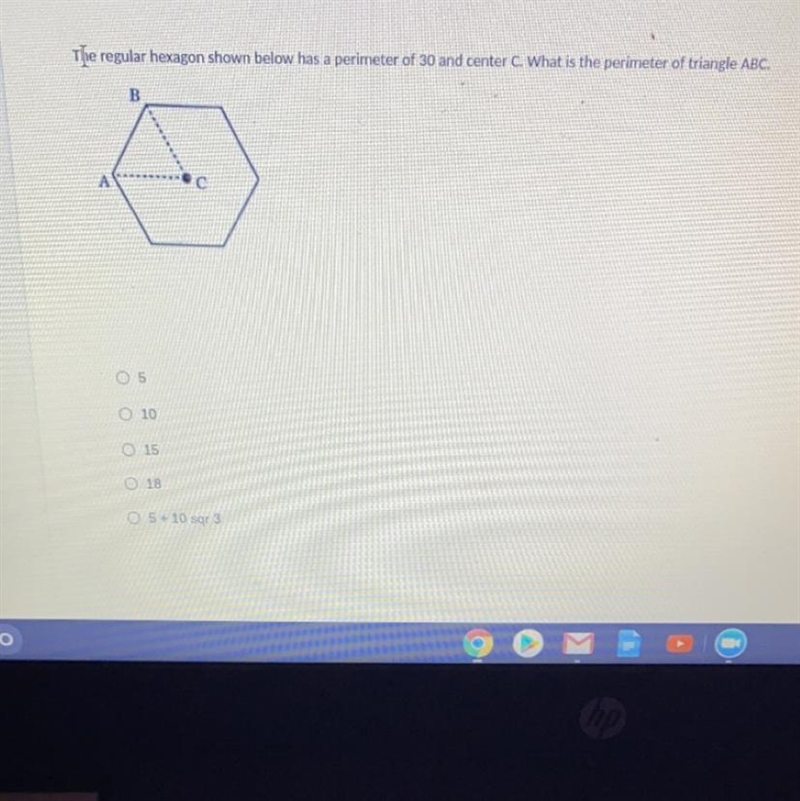 The regular hexagon shown below has a perimeter of 30 and center C. What is the perimeter-example-1