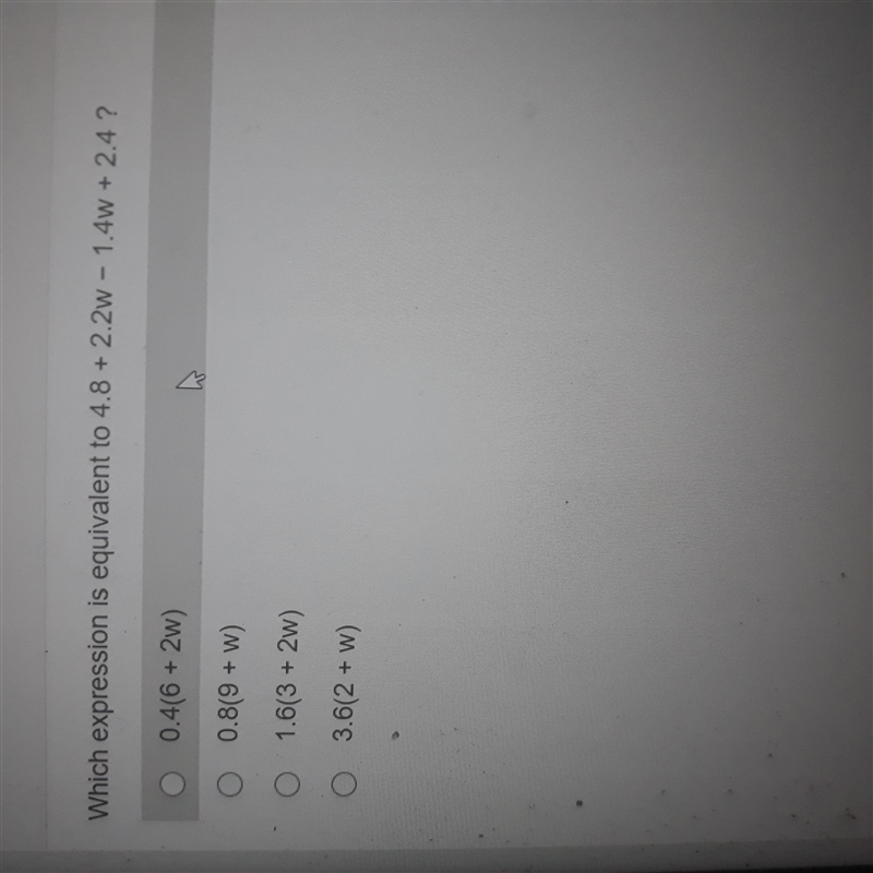 Which expression is equivalent to 4.8 + 2.2w - 1.4 w + 2.4-example-1