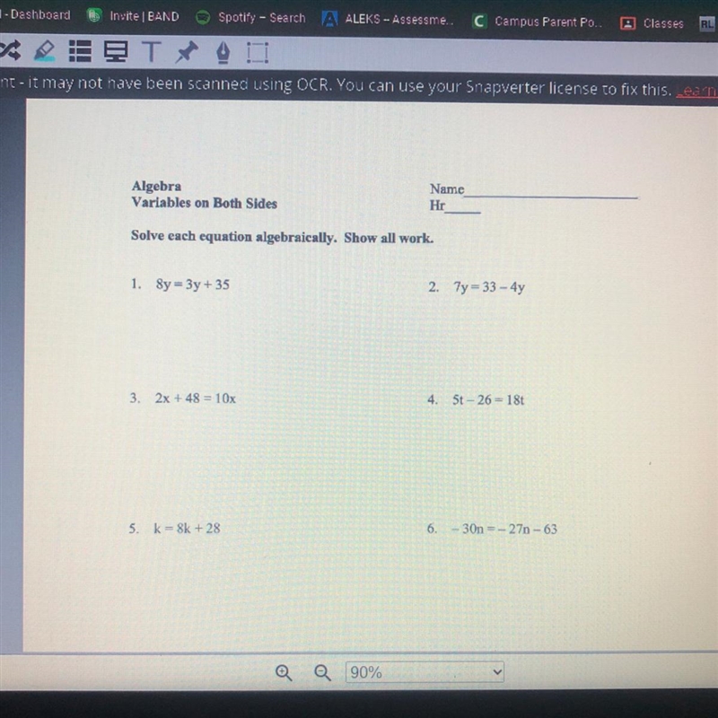 Solve each equation algebraically. Show all work. #1, #4, and #6-example-1