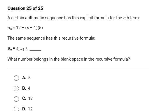 A certain arithmetic sequence has the following for the nth term an= 12 + (n-1)(5) State-example-1