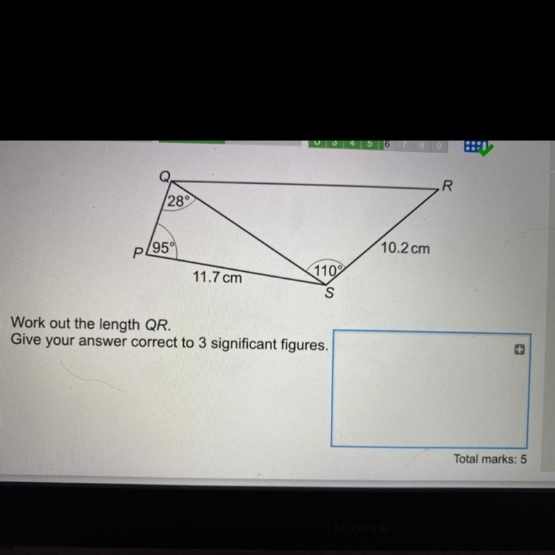 Work out the length QR. Give your answer correct to 3 significant figures. Total marks-example-1