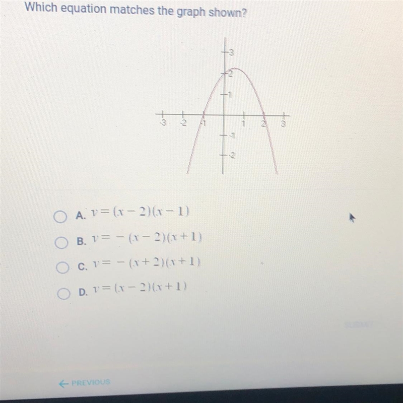 Which equation matches the graph shown? A.y=(x-2)(x-1) B.y=-(x-2) (x+1) c y= -( x-example-1