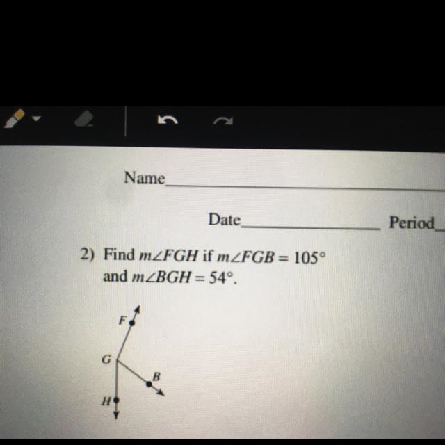 2) Find m2FGH if m_FGB = 105° and mZBGH = 54º.-example-1