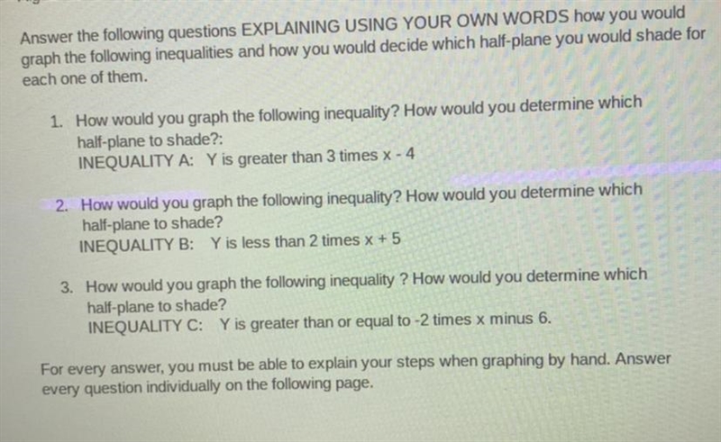 Algebra 1 what are the answers for these : 1. Y is greater than 3 times x -4 2. Y-example-1