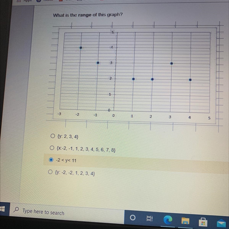 Please help What is the range of this graph A. {y: 2, 3, 4) B. {x:-2, -1, 1, 2, 3, 4, 5, 6, 7, 8} C-example-1