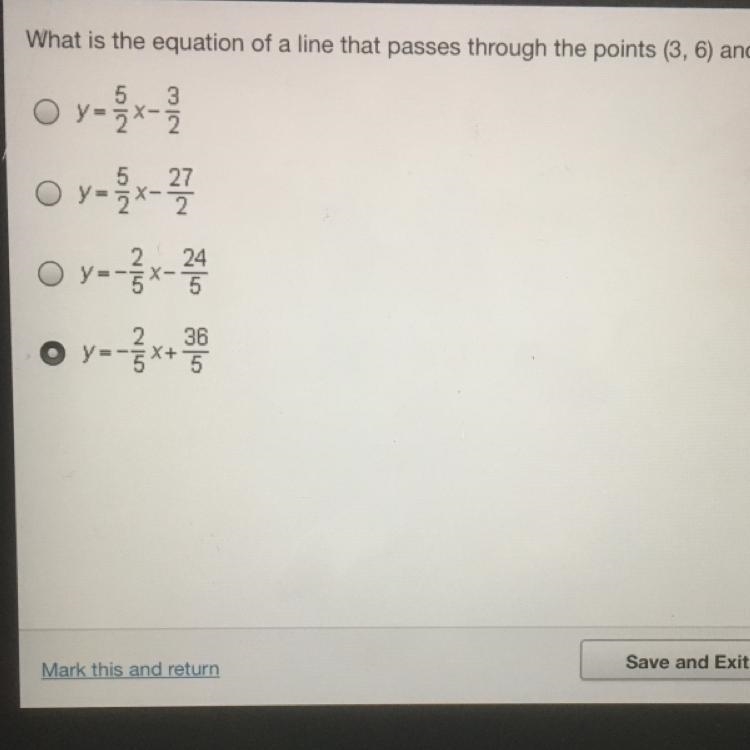 What is the equation of a line that passes through the points (3,6) and (8, 4)?-example-1