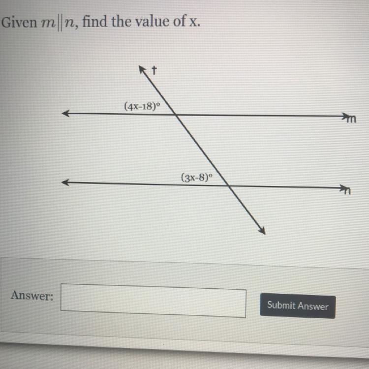 Given m||n, find the value of x. (4x-18) (3x-8)°-example-1