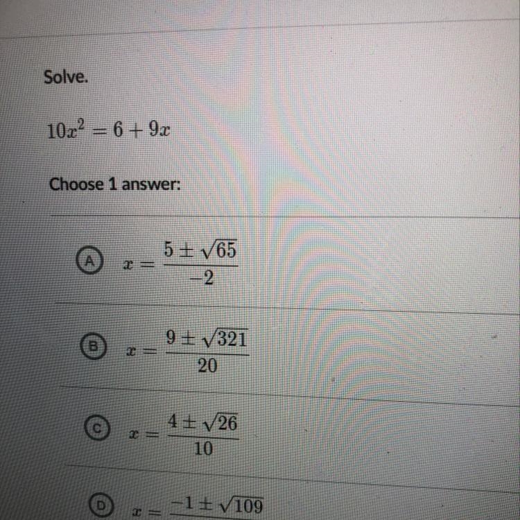 Solve 10x^2=6+9x Help please-example-1