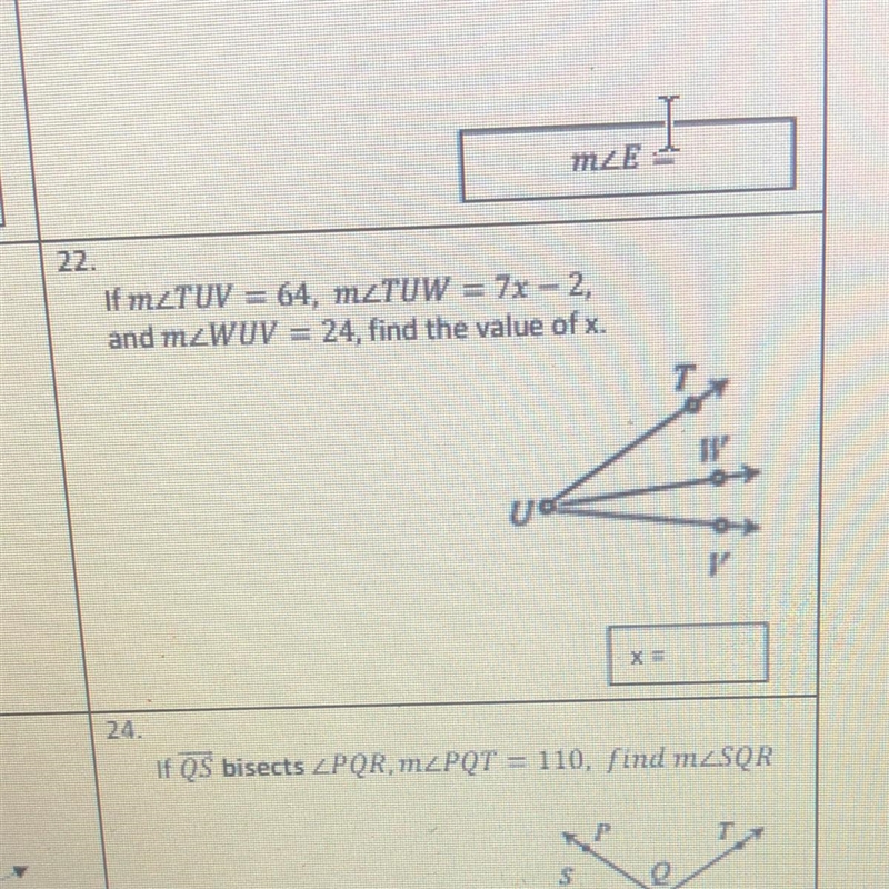 If m TUV = 64, mZTUW = 7x - 2, and mZWUV = 24, find the value of x. 1 ud V X =-example-1