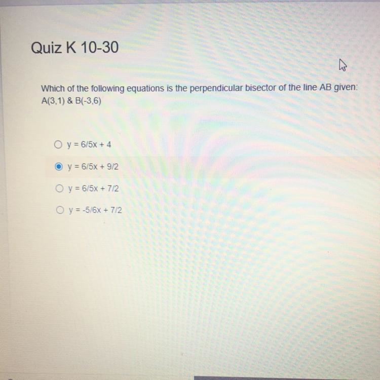 Which of the following equations is the perpendicular bisector of the line AB given-example-1