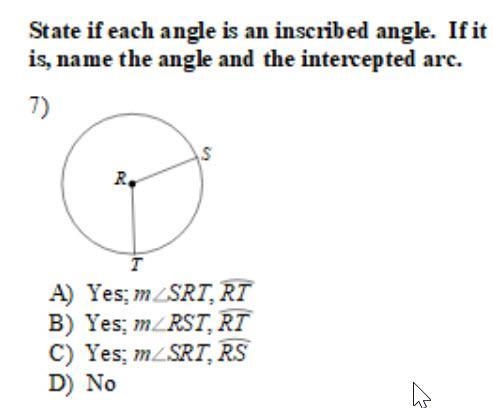 State if each angle is an inscribed angle. If it is, name the angle and the intercepted-example-1