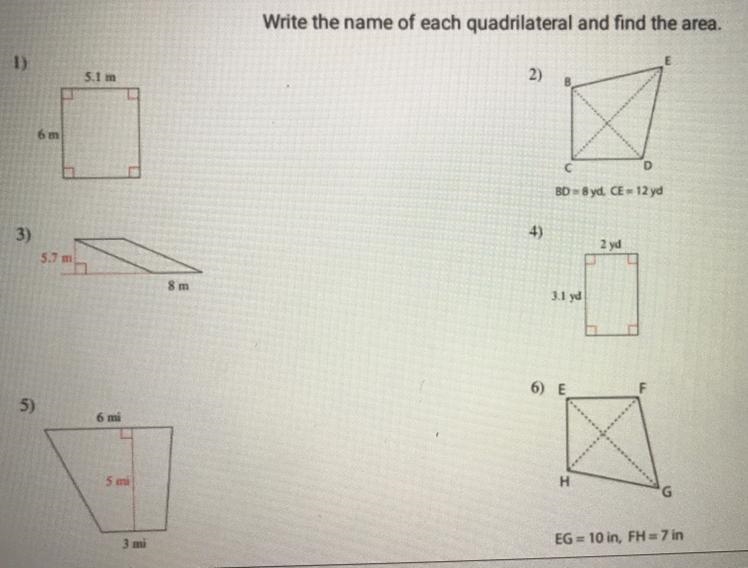 Plz help!! Write the name of each quadrilateral and find the area-example-1