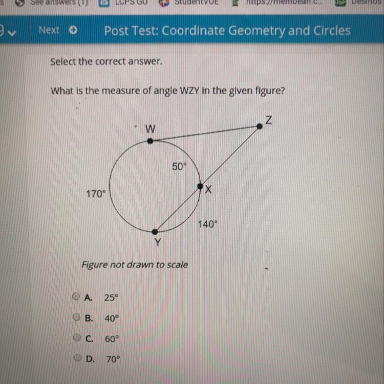 What is the measure of angle WZY in the given figure? a.)25° b.)40° c.)60° d.)70° please-example-1