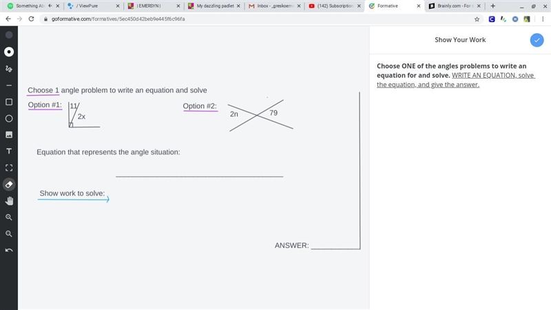 Choose ONE of the angles problems to write an equation for and solve. WRITE AN EQUATION-example-1