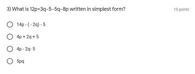 What is 12p+3q−5−5q−8p written in simplest form?-example-1