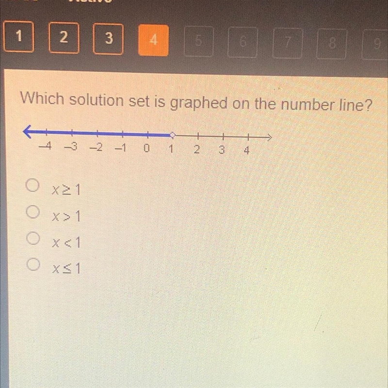 Which solution set is graphed on the number line? 4 -3 -2 -1 0 1 2 3 4 0x21 Ox&gt-example-1