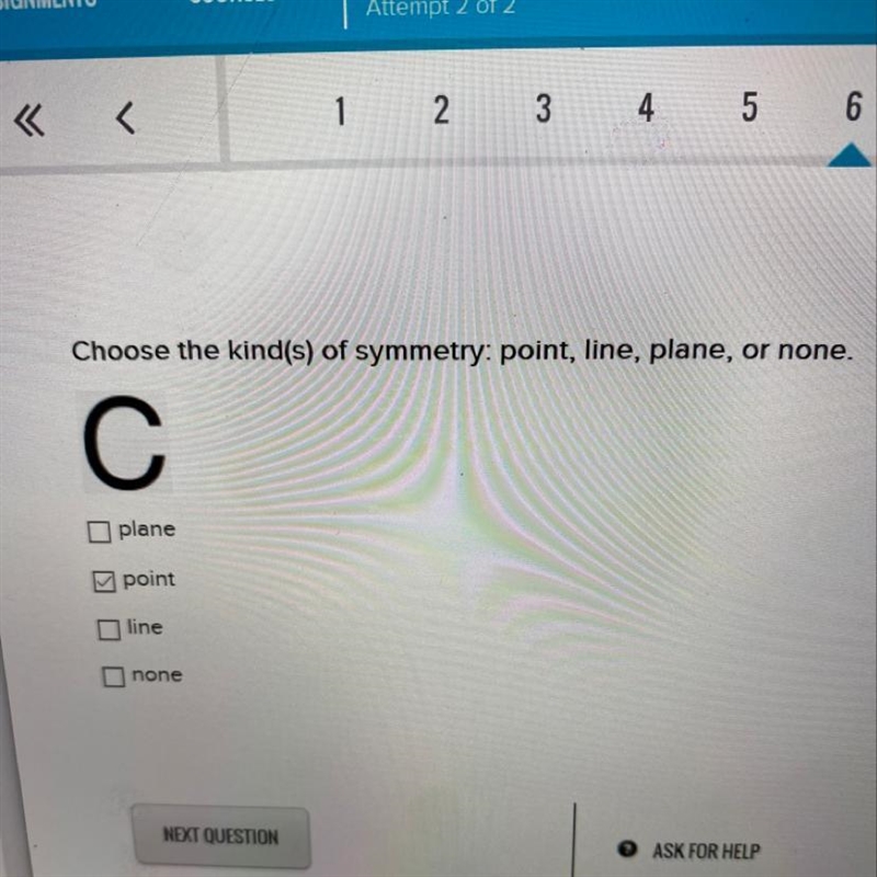 Choose the kind(s) of symmetry: point, line, plane, or none. (C)-example-1