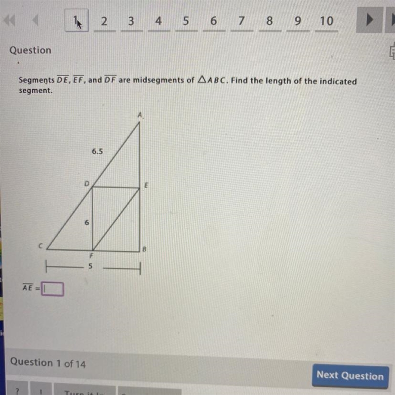 PLEASE HELP!!! Segments DE, EF, and DF are midsegments of AABC. Find the length of-example-1