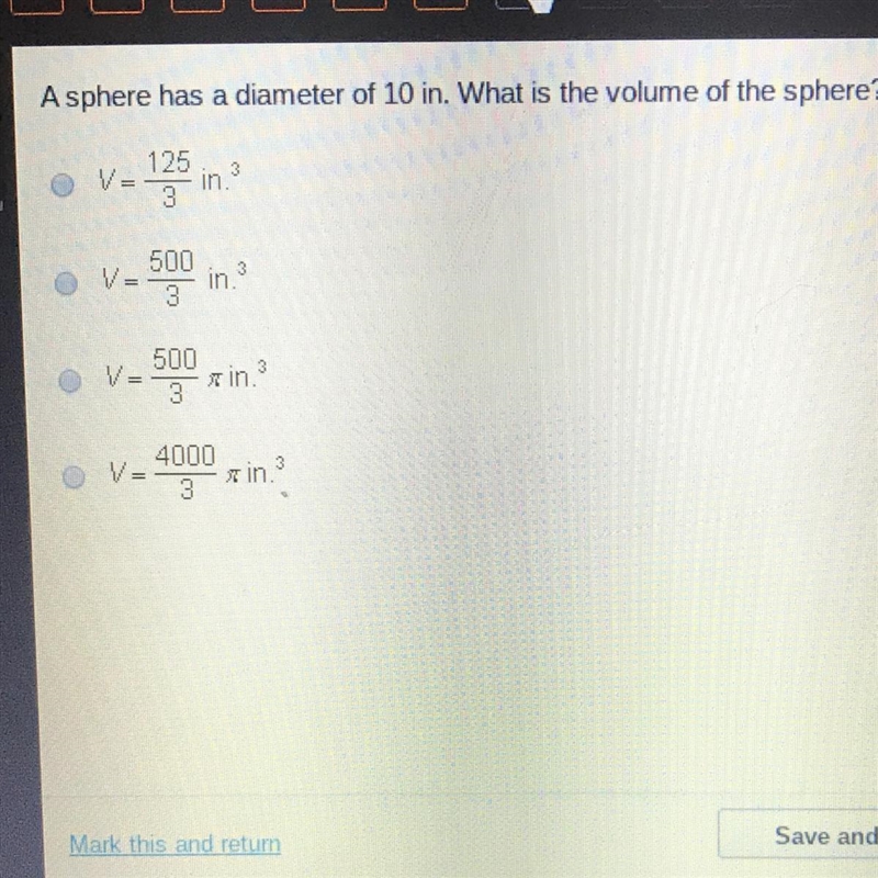 Asphere has a diameter of 10 in. What is the volume of the sphere?-example-1