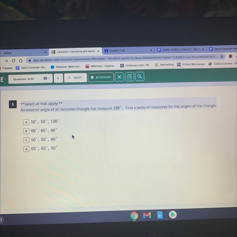 **Select all that apply** An exterior angle of an isosceles triangle has measure 130°. Find-example-1