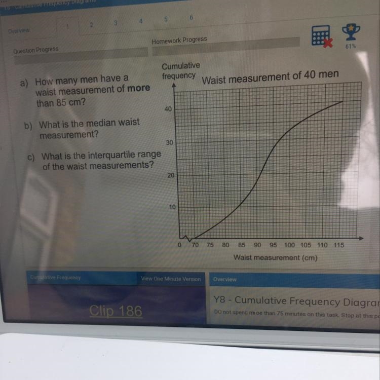 A) how many men have a waist measurement of more than 85 cm b) what is the median-example-1