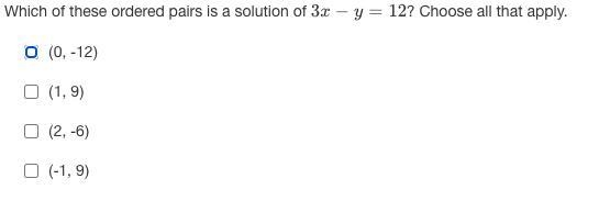 Which of these ordered pairs is a solution of 3x−y=12? Choose all that apply.-example-1