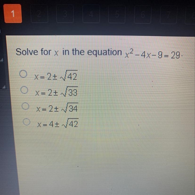 Solve for x in the equation x^2 - 4x-9= 29-example-1