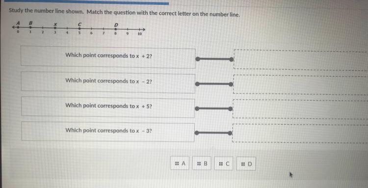 Study the number line shown. Match the question with the correct letter on the number-example-1